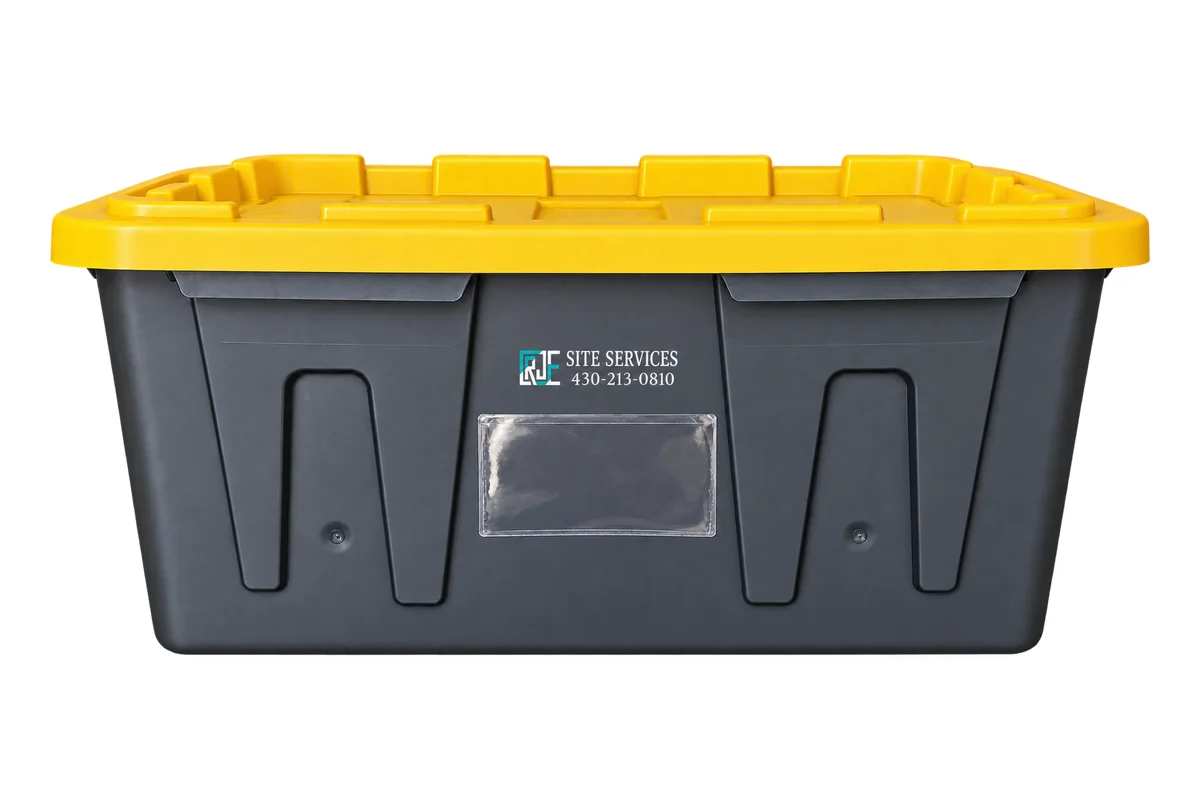 RJE Site Services 27-gallon tote with yellow lid, RJE decal, and label sleeve