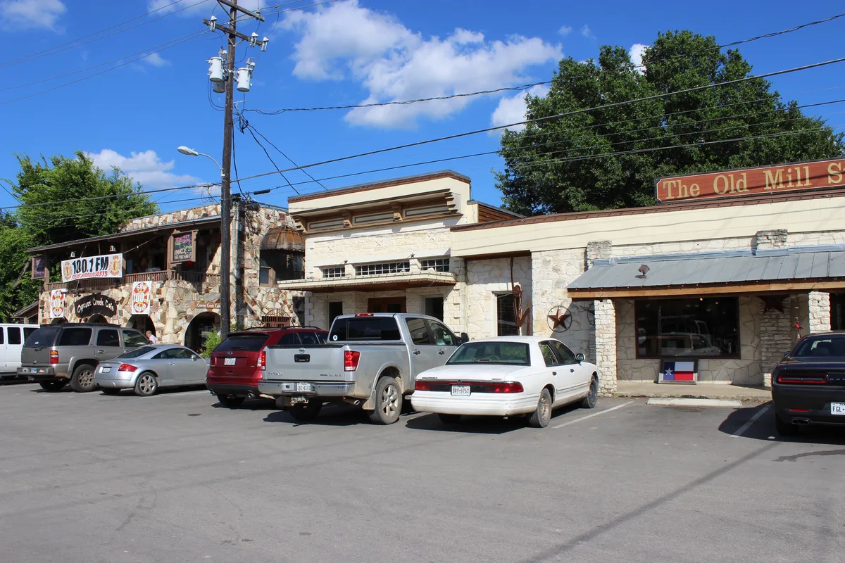 Downtown Wimberley, Texas, with shops and the Old Mill Store